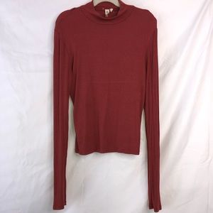 Red Ribbed Mock Neck Long Sleeve Top